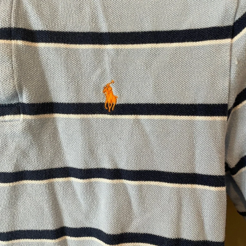 Polo Ralph Lauren Boys Light Blue Navy Striped Polo Shirt L 14-16 Orange Pony